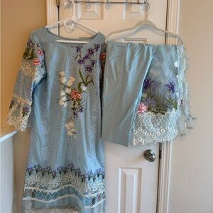 Floral Embroidered Kids Dress Set - Blue